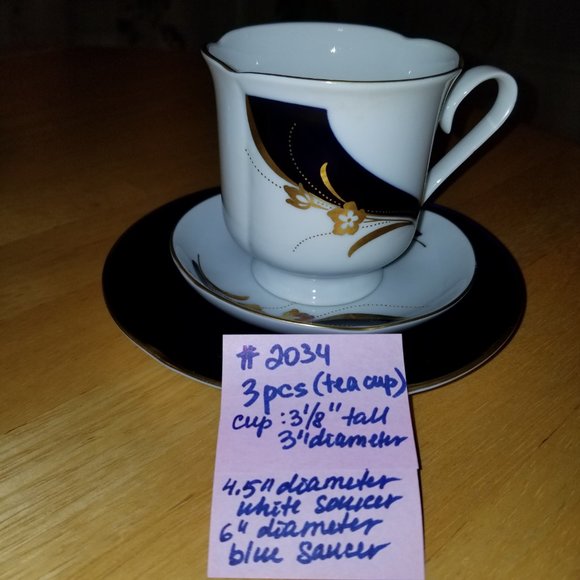 2034 Collectible 1 Tea Cup Germany Freiberger Porzellan Cobal Blue White Gold - Picture 1 of 6